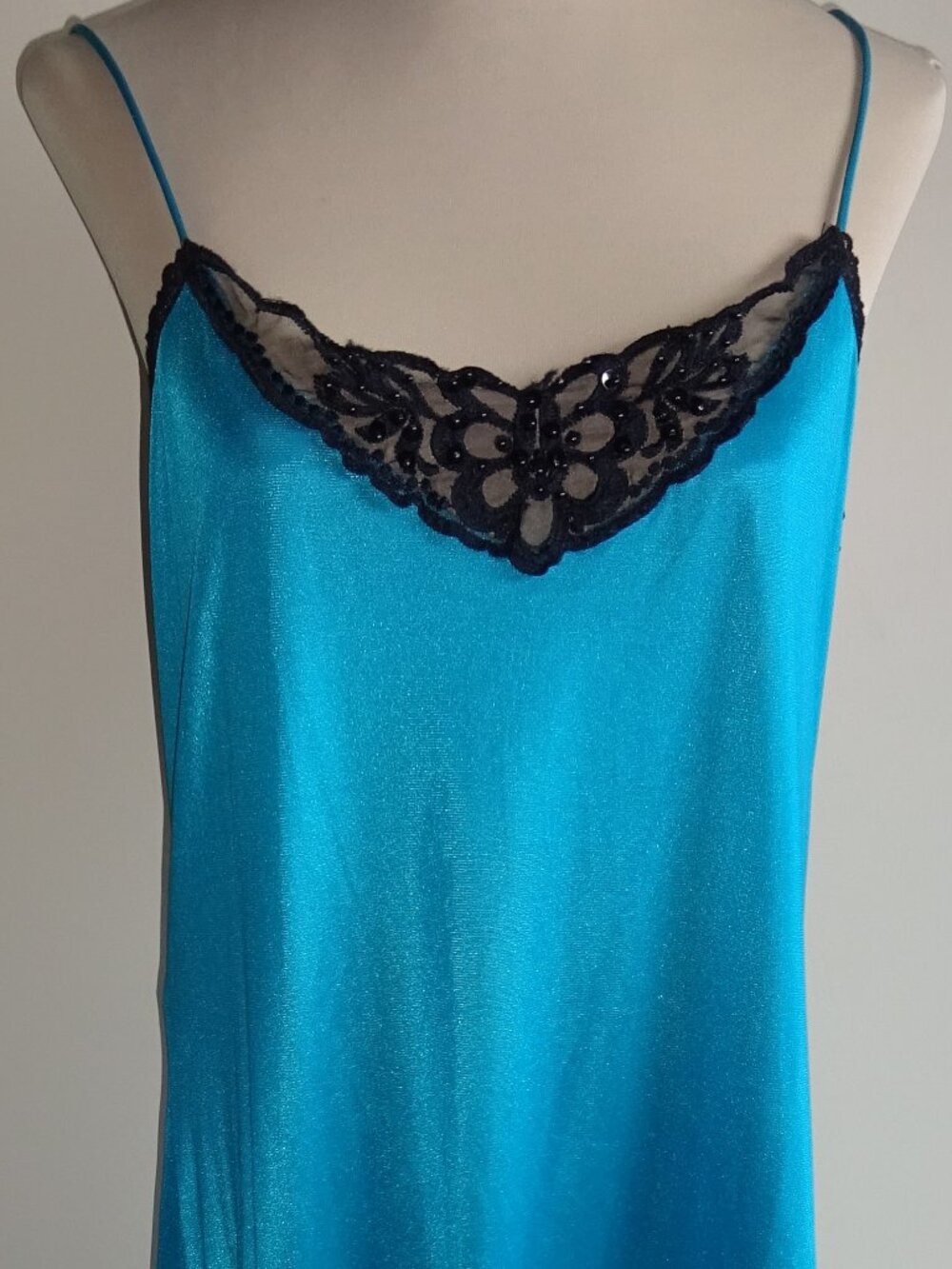 Vintage 1980s 1990s Sliperfection Blue Maxi Nightgown Gown L Black Lace USA
